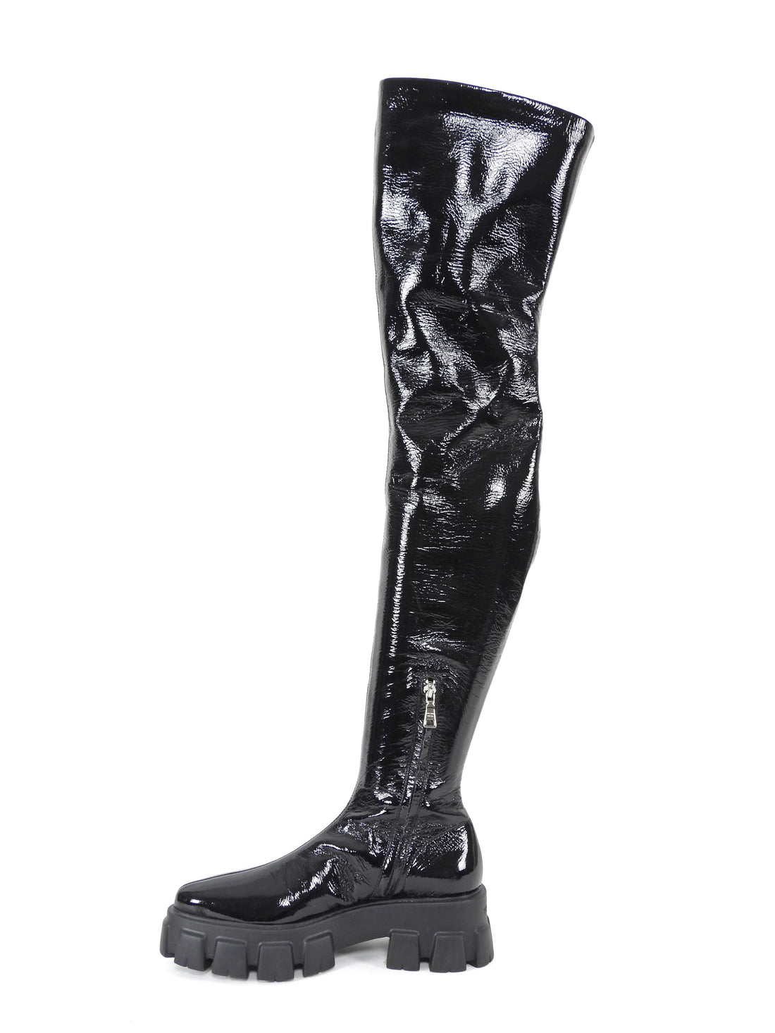 Prada Black Patent Over The Knee Flat Monolith Boots - 37