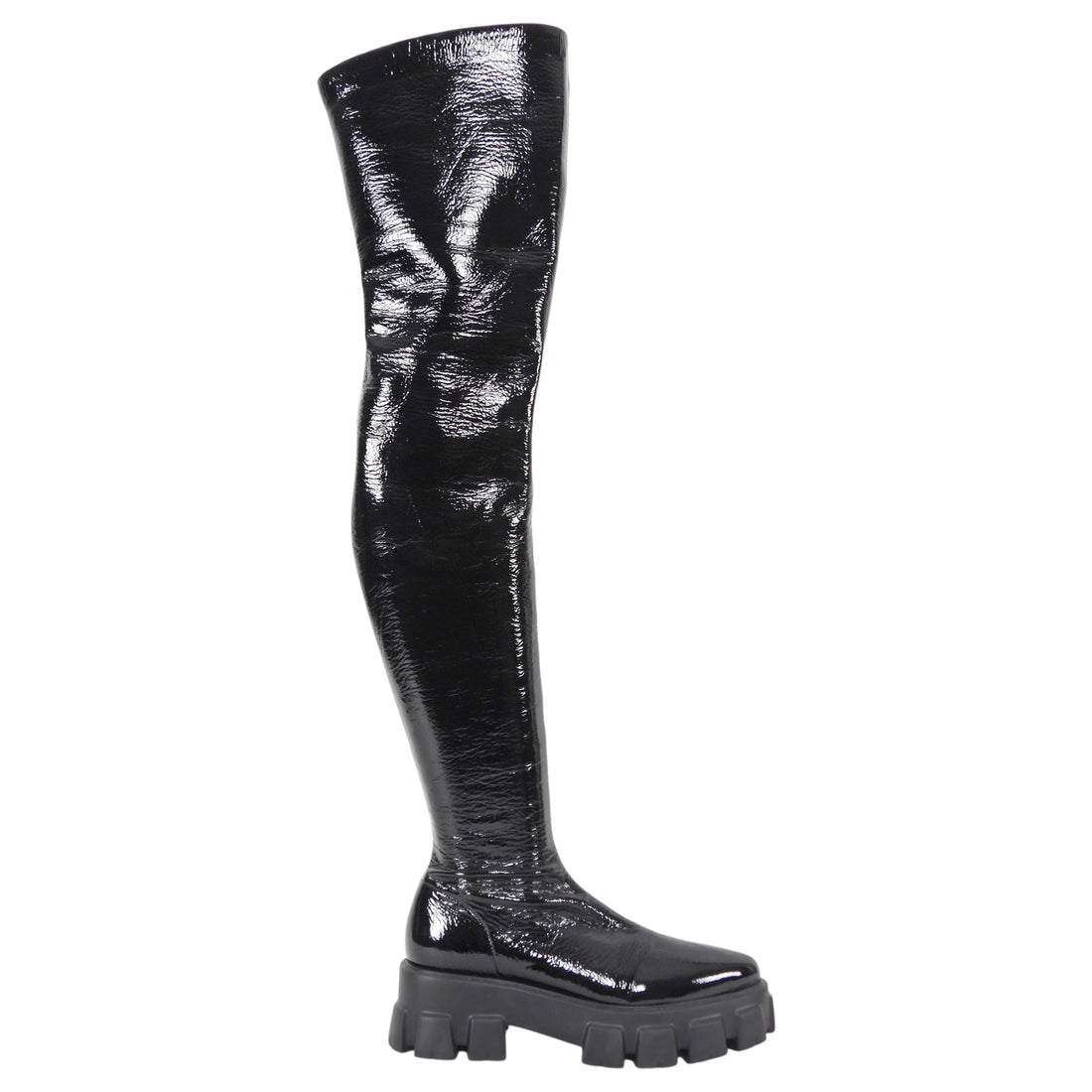 Prada Black Patent Over The Knee Flat Monolith Boots - 37