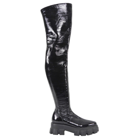 Prada Black Patent Over The Knee Flat Monolith Boots - 37