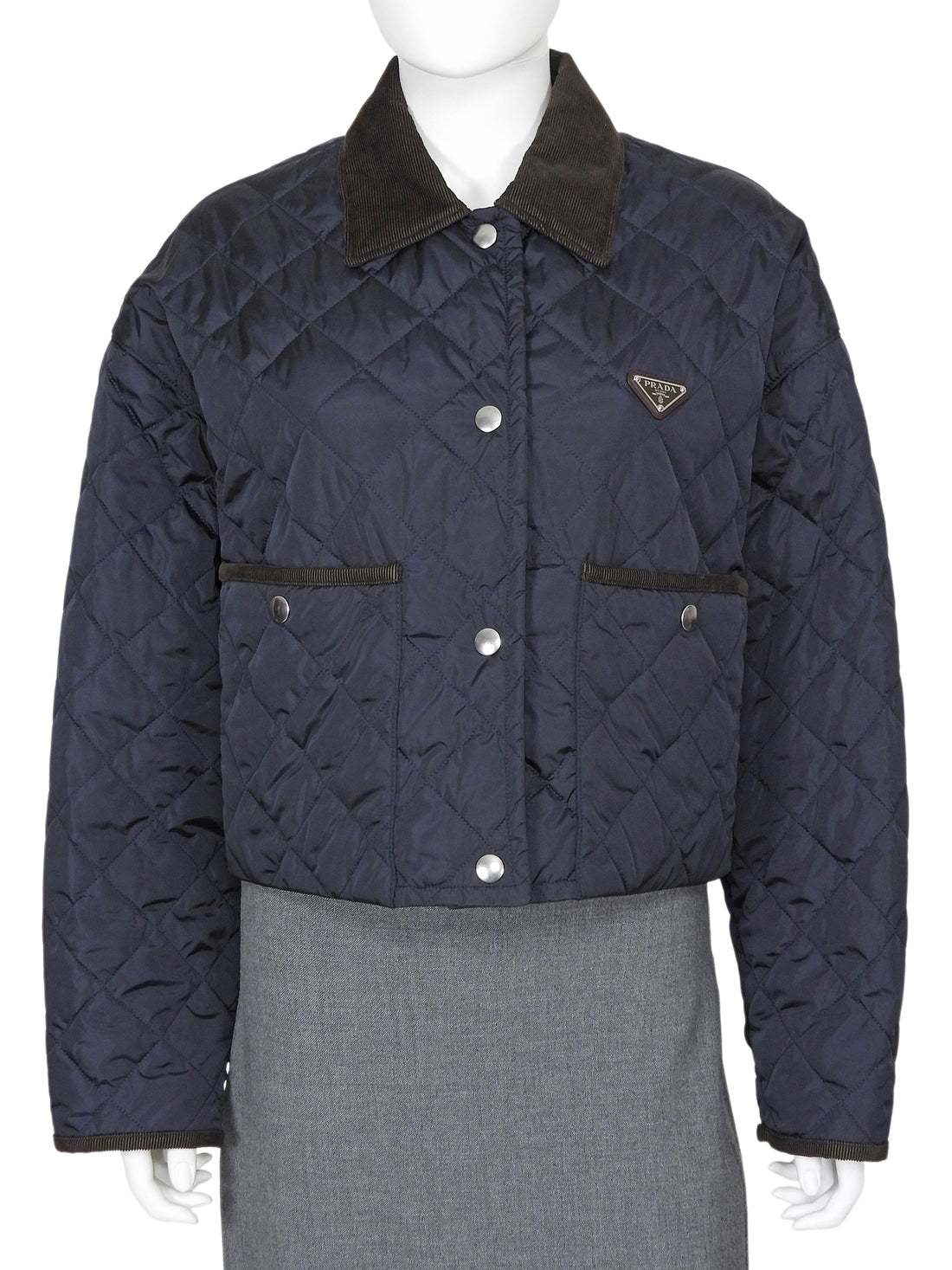 Prada Re-Nylon Navy and Brown Corduroy Padded Snap Field Jacket - IT 42 / 6