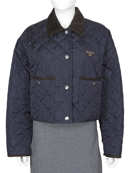 Prada Re-Nylon Navy and Brown Corduroy Padded Snap Field Jacket - IT 42 / 6