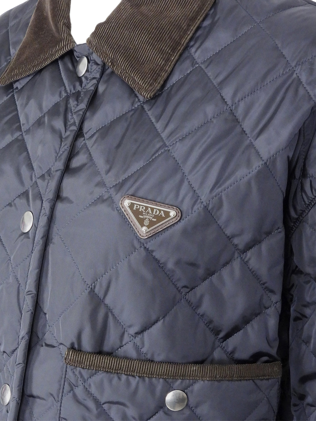 Prada Re-Nylon Navy and Brown Corduroy Padded Snap Field Jacket - IT 42 / 6