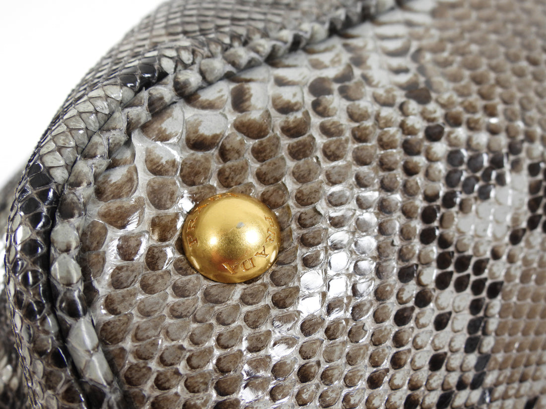 Prada Grey Brown Pitone Lucido Python Leather Ball Clasp Frame Bag