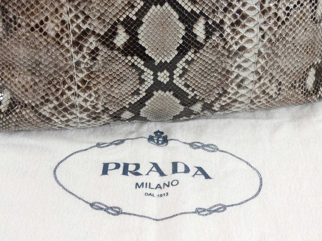 Prada Grey Brown Pitone Lucido Python Leather Ball Clasp Frame Bag
