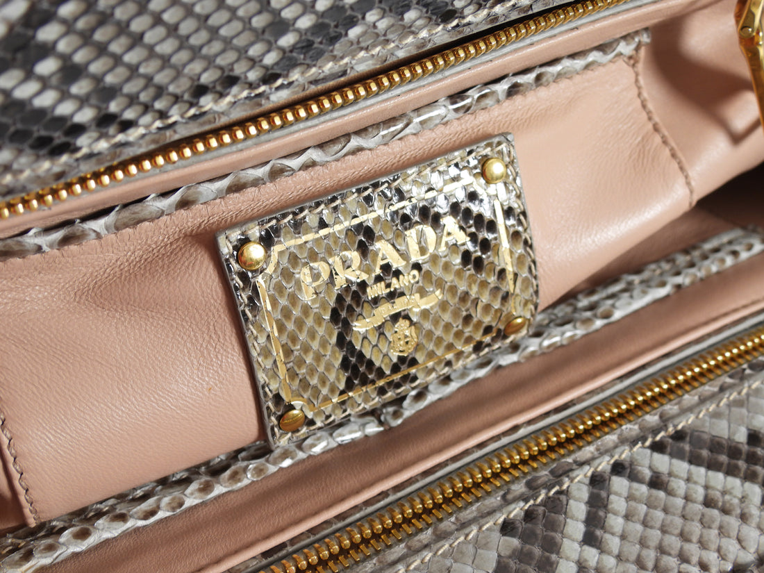 Prada Grey Brown Pitone Lucido Python Leather Ball Clasp Frame Bag