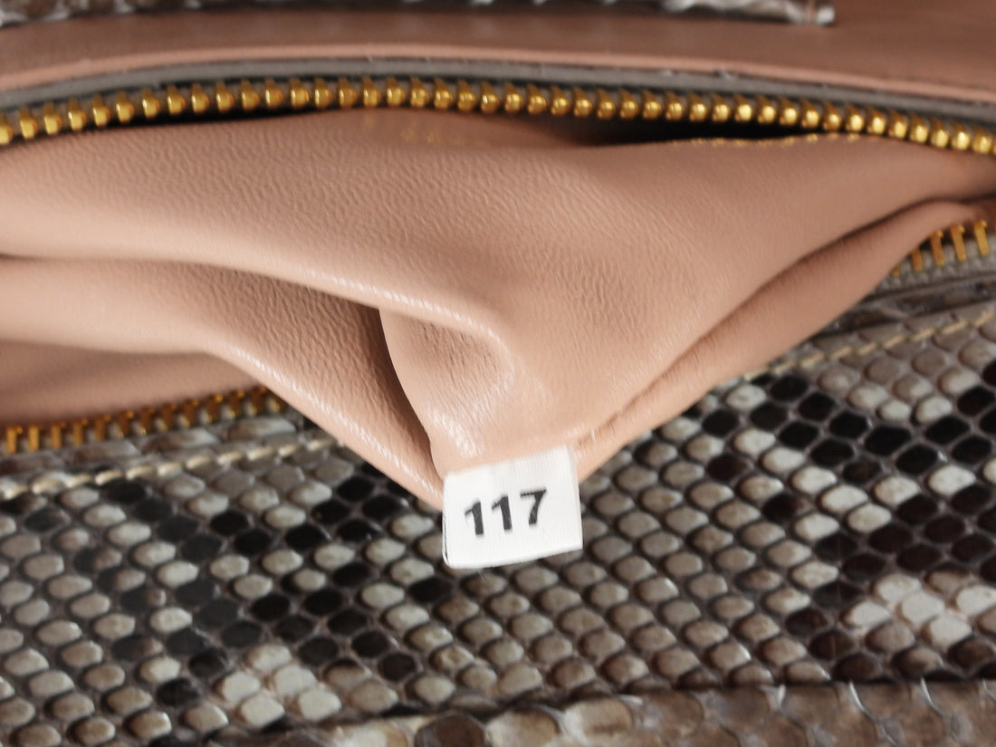 Prada Grey Brown Pitone Lucido Python Leather Ball Clasp Frame Bag