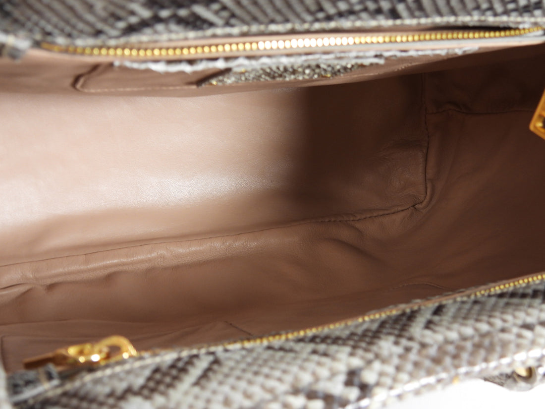 Prada Grey Brown Pitone Lucido Python Leather Ball Clasp Frame Bag
