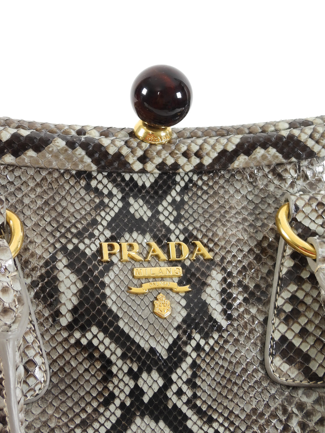 Prada Grey Brown Pitone Lucido Python Leather Ball Clasp Frame Bag