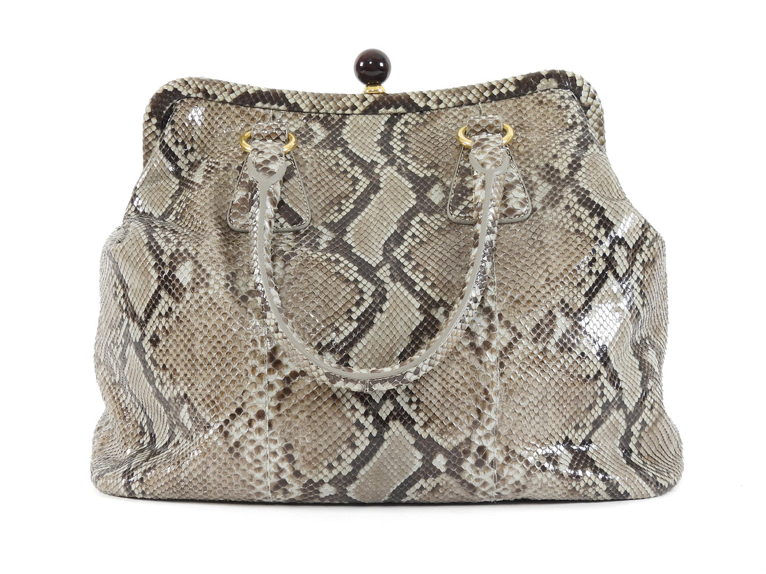 Prada Grey Brown Pitone Lucido Python Leather Ball Clasp Frame Bag