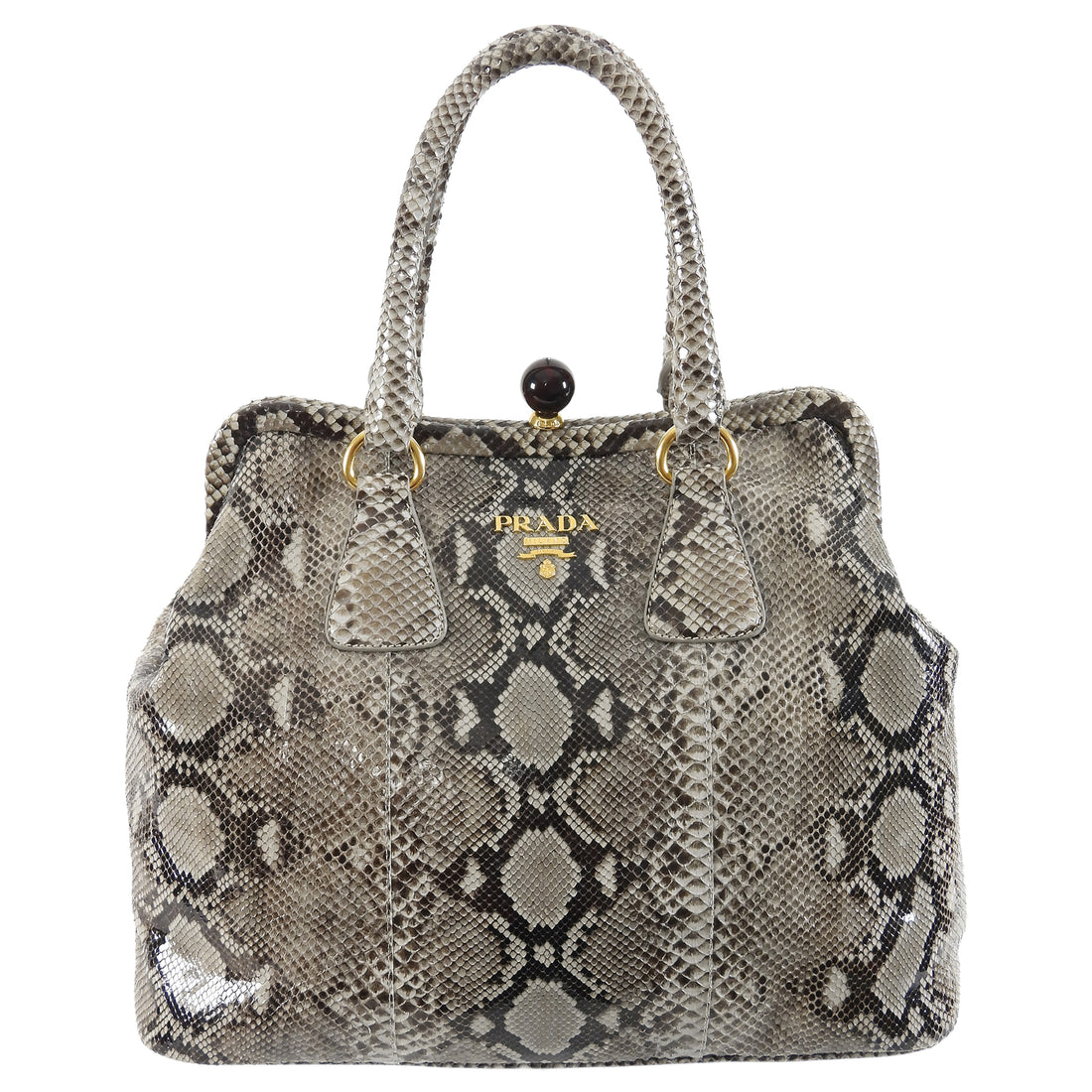 Prada Grey Brown Pitone Lucido Python Leather Ball Clasp Frame Bag