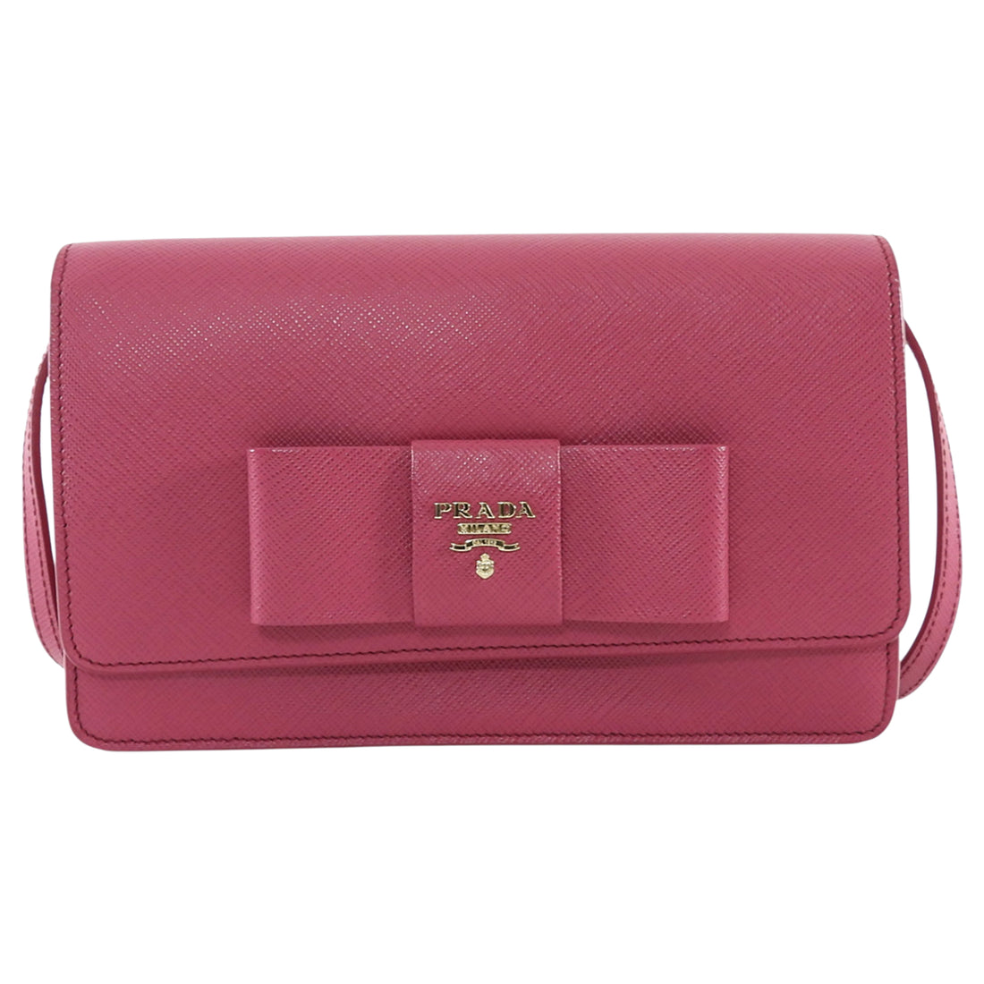 Prada Pink Saffiano Lux Leather Bow Embellished Wallet On Strap
