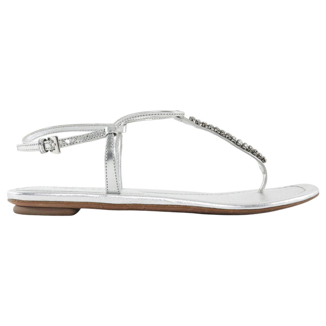 Prada Silver Metallic Leather Crystal Embellished Flat Thong T-Strap Sandals - 36