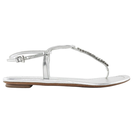 Prada Silver Metallic Leather Crystal Embellished Flat Thong T-Strap Sandals - 36
