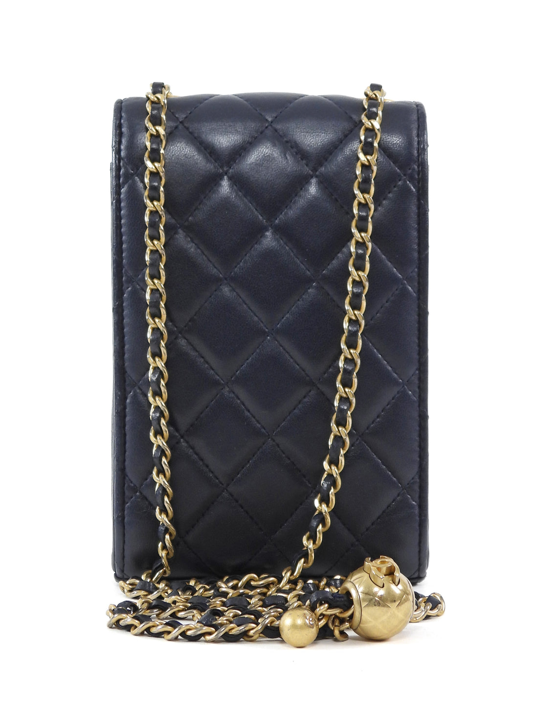 Chanel Dark Midnight Navy Vertical Coco Pearl Crush Leather Flap Phone Holder Bag