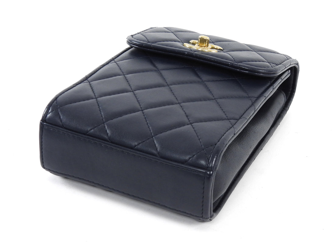 Chanel Dark Midnight Navy Vertical Coco Pearl Crush Leather Flap Phone Holder Bag