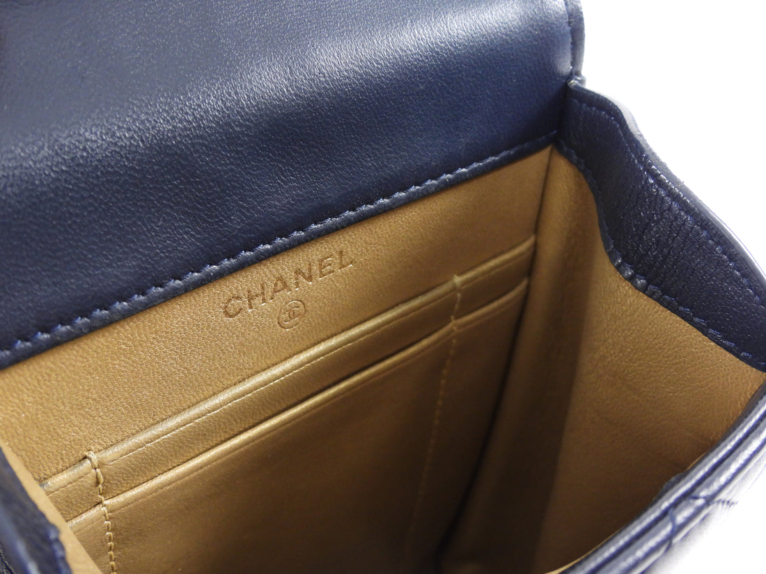 Chanel Dark Midnight Navy Vertical Coco Pearl Crush Leather Flap Phone Holder Bag