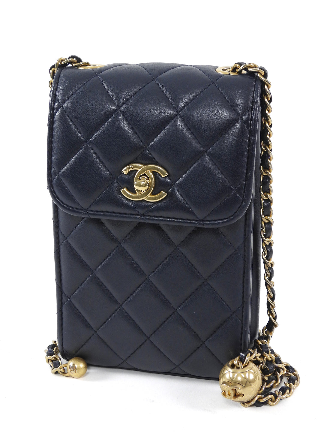 Chanel Dark Midnight Navy Vertical Coco Pearl Crush Leather Flap Phone Holder Bag