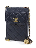 Chanel Dark Midnight Navy Vertical Coco Pearl Crush Leather Flap Phone Holder Bag