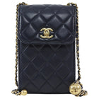Chanel Dark Midnight Navy Vertical Coco Pearl Crush Leather Flap Phone Holder Bag