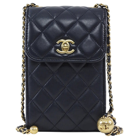 Chanel Dark Midnight Navy Vertical Coco Pearl Crush Leather Flap Phone Holder Bag