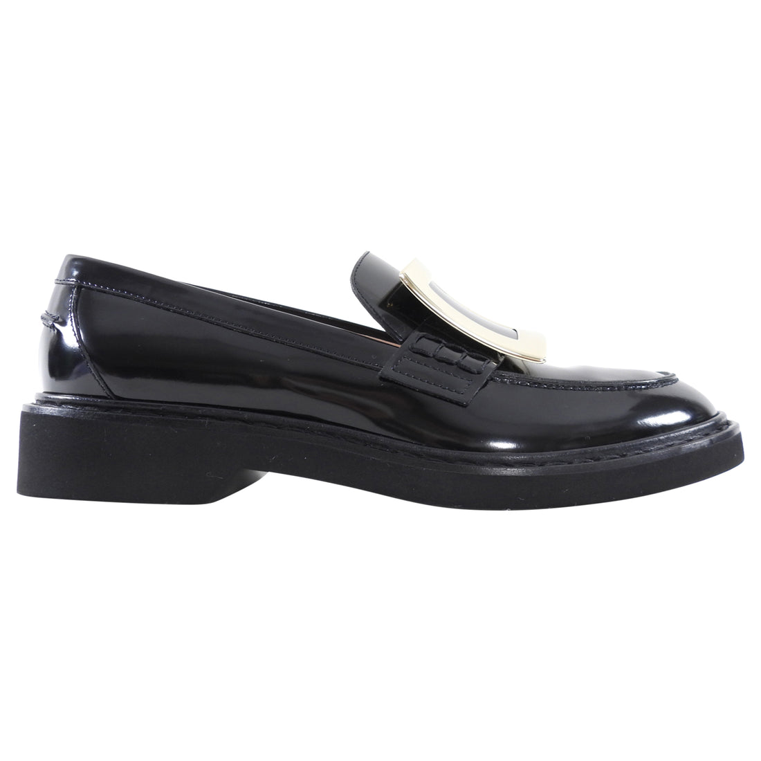 Roger Vivier Black Glossed Leather Viv Rangers Buckle Loafers - 39.5