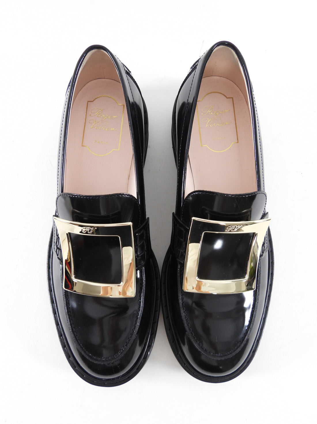 Roger Vivier Black Glossed Leather Viv Rangers Buckle Loafers - 39.5