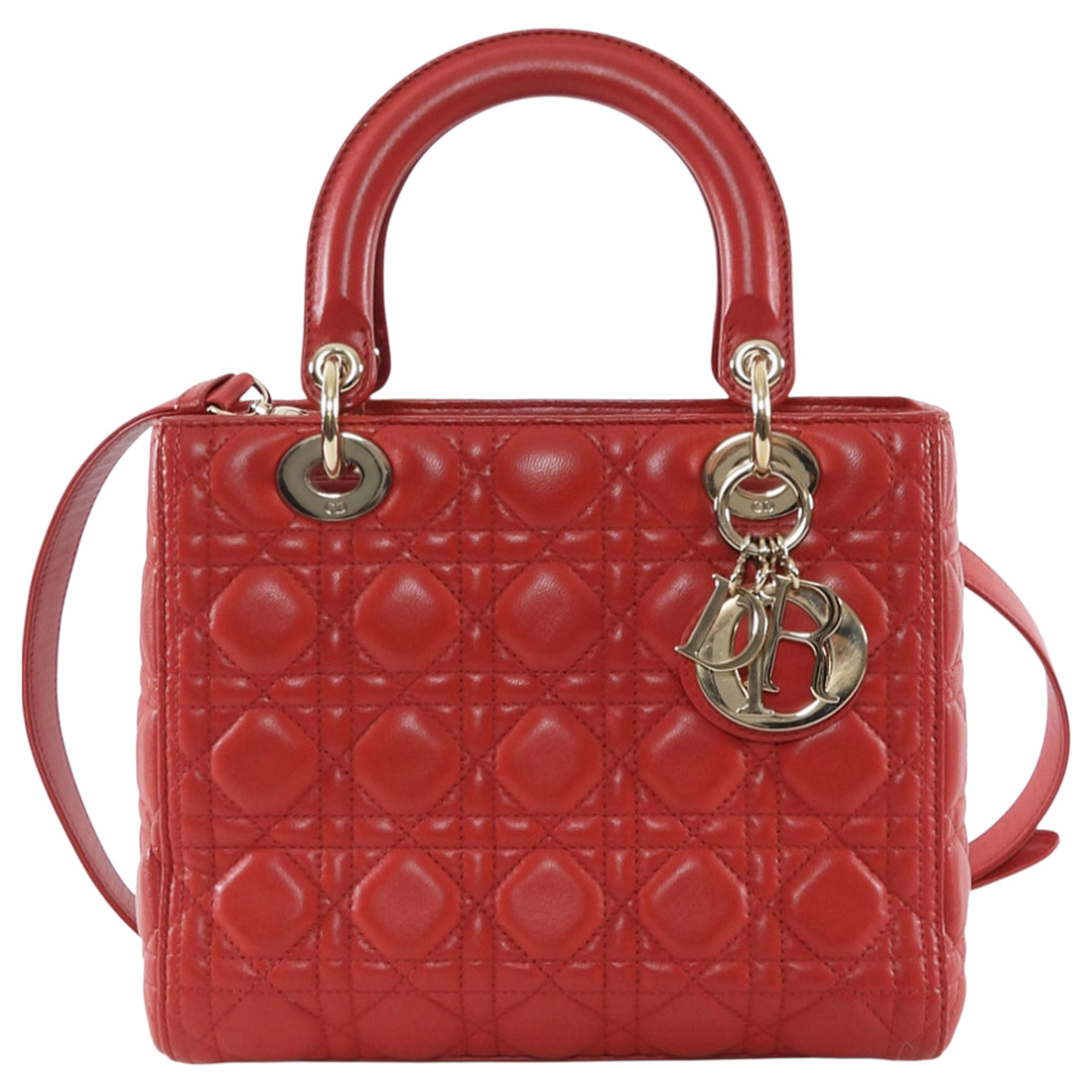 Dior Medium Lady Dior Red Quilted Lambskin Leather Two Way Handbag