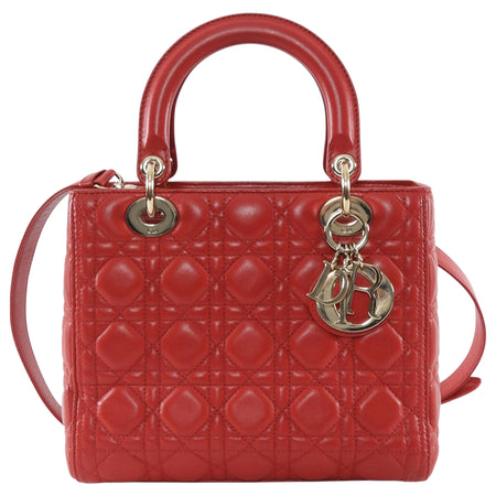 Dior Medium Lady Dior Red Quilted Lambskin Leather Two Way Handbag