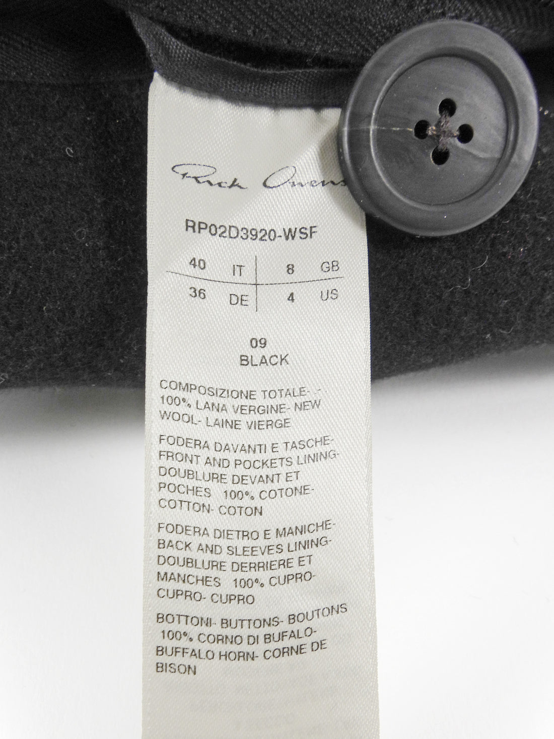 Rick Owens Black Virgin Wool Double Breasted Notch Lapel Coat