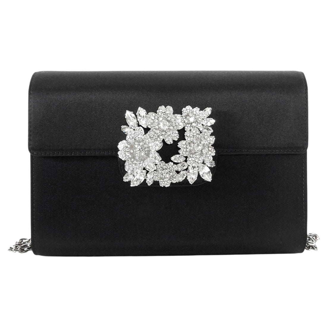 Roger Vivier Black Silver RV Bouquet Flower Strass Buckle Black Satin Bag