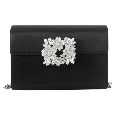 Roger Vivier Black Silver RV Bouquet Flower Strass Buckle Black Satin Bag