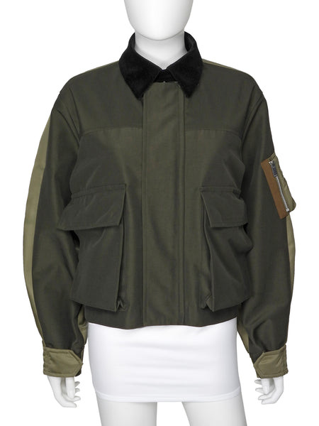 Sacai Army Green Mixed Media Cropped Jacket - 2 / M