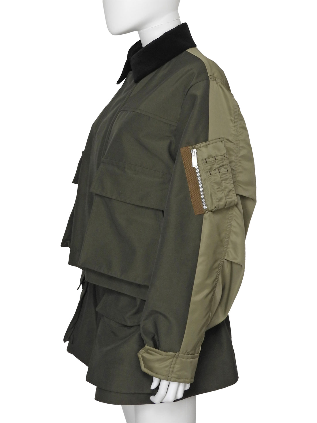 Sacai Army Green Mixed Media Cropped Jacket - 2 / M