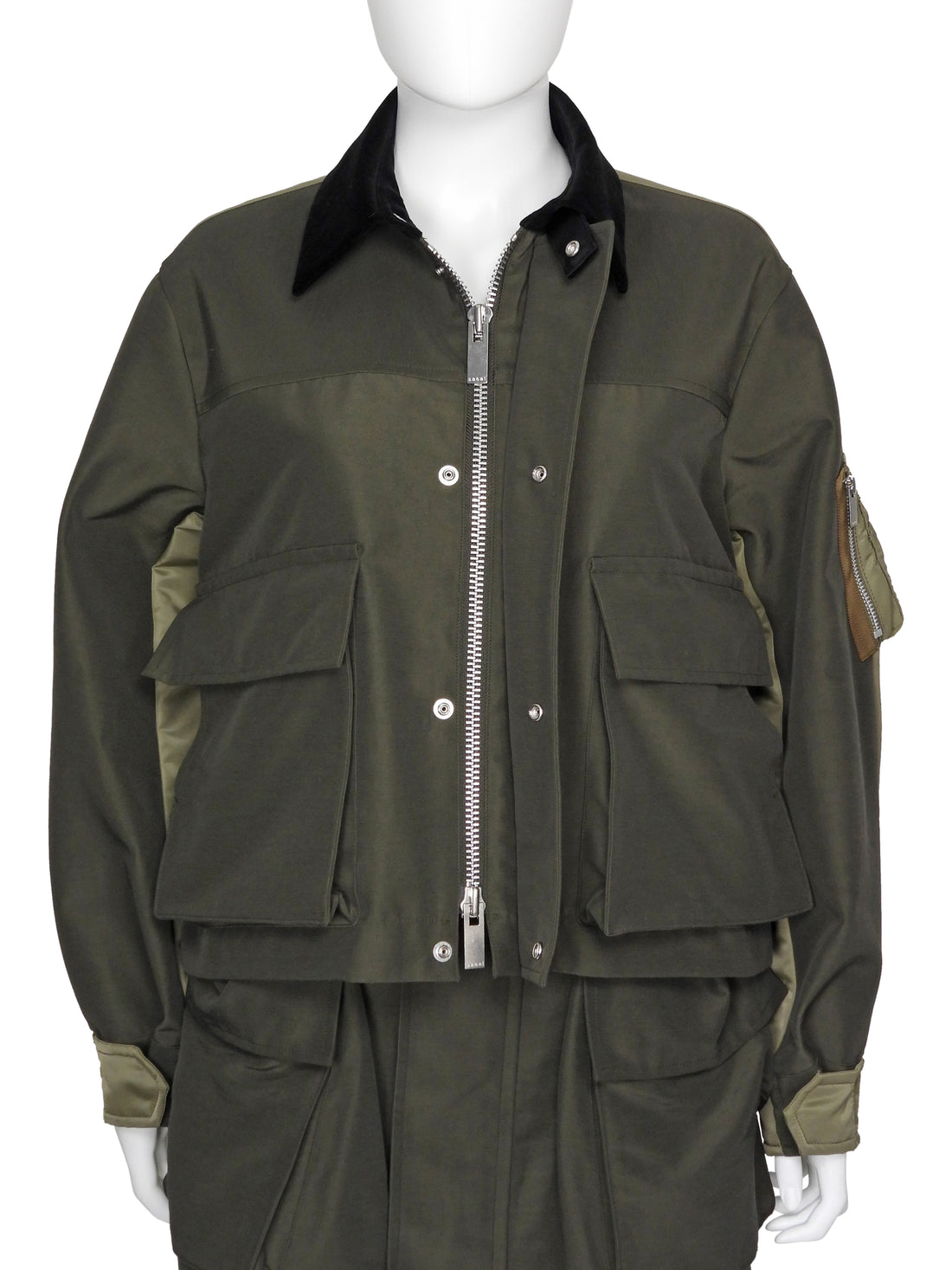 Sacai Army Green Mixed Media Cropped Jacket - 2 / M