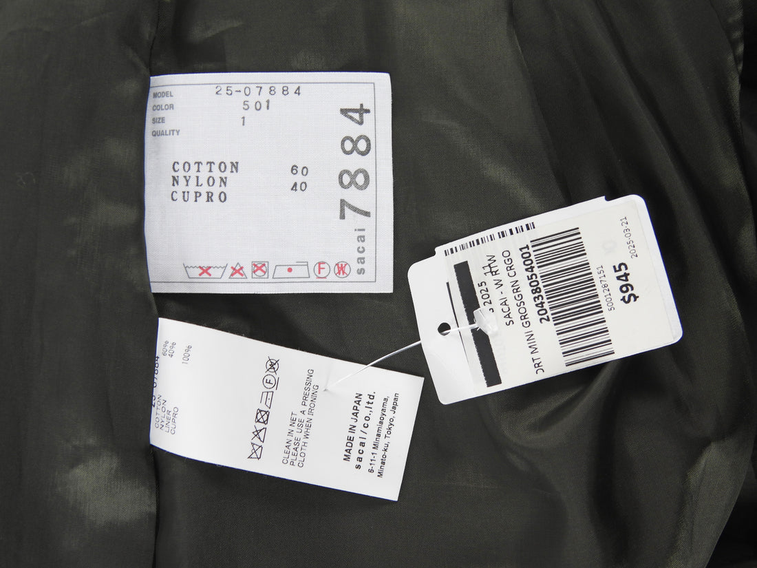 Sacai Army Green Cargo Mini Grosgrain Flare Skort - XS / 1