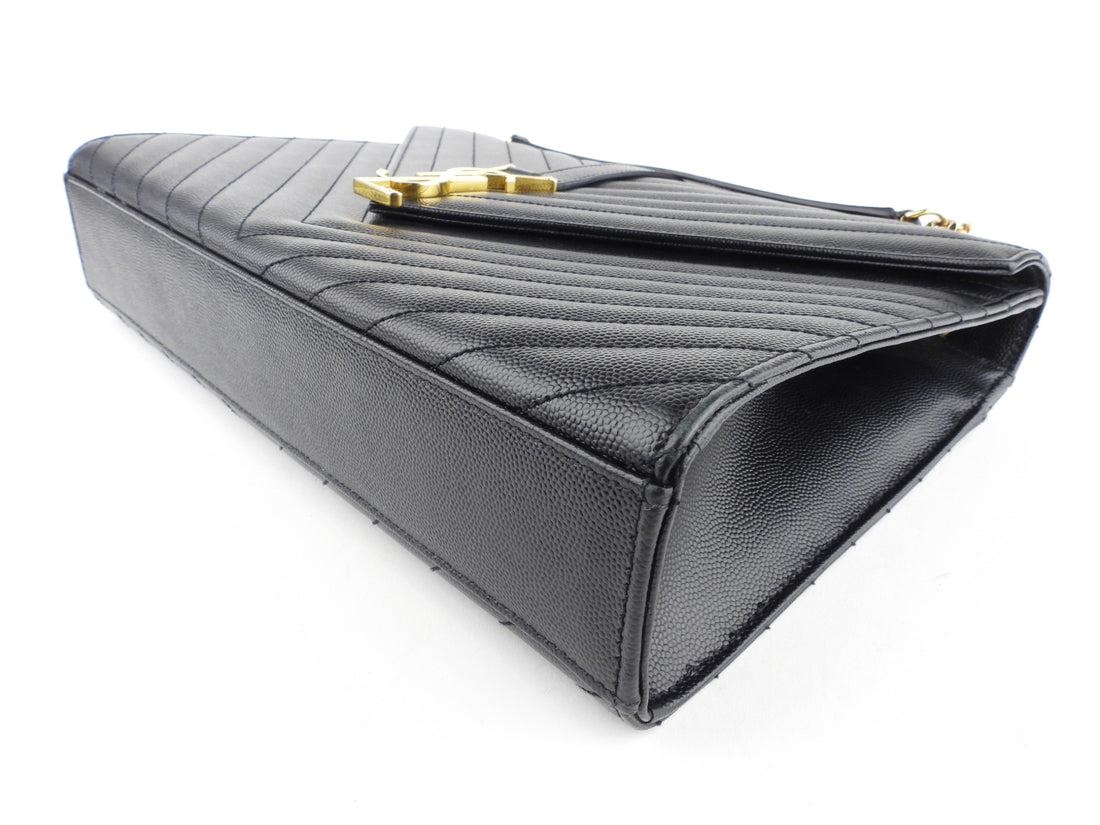 Saint Laurent Black Chevron Leather Large Envelope Flap Bag