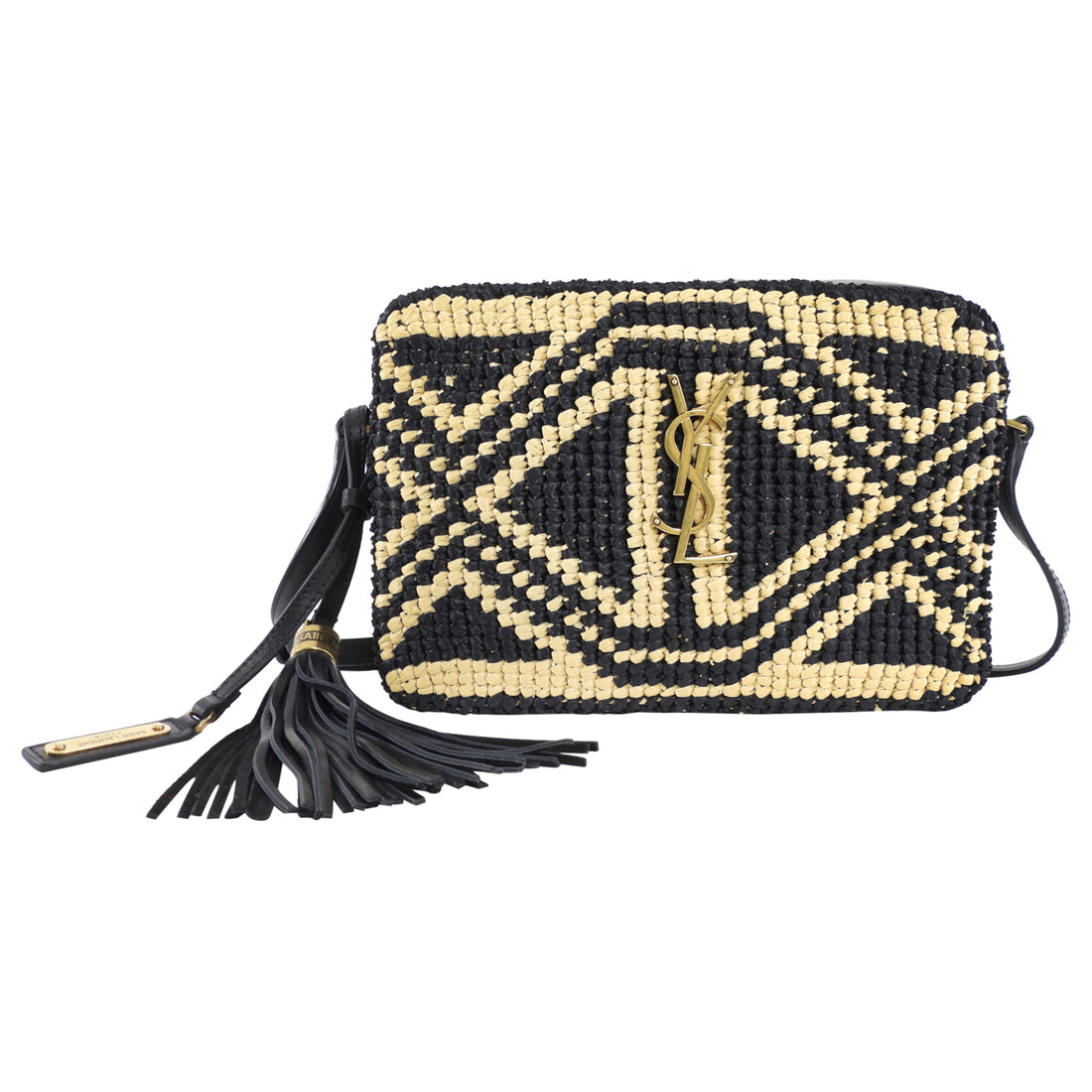 Saint Laurent Black and Natural Raffia Geometric Tassel Lou Camera Bag