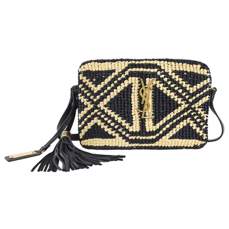 Saint Laurent Black and Natural Raffia Geometric Tassel Lou Camera Bag