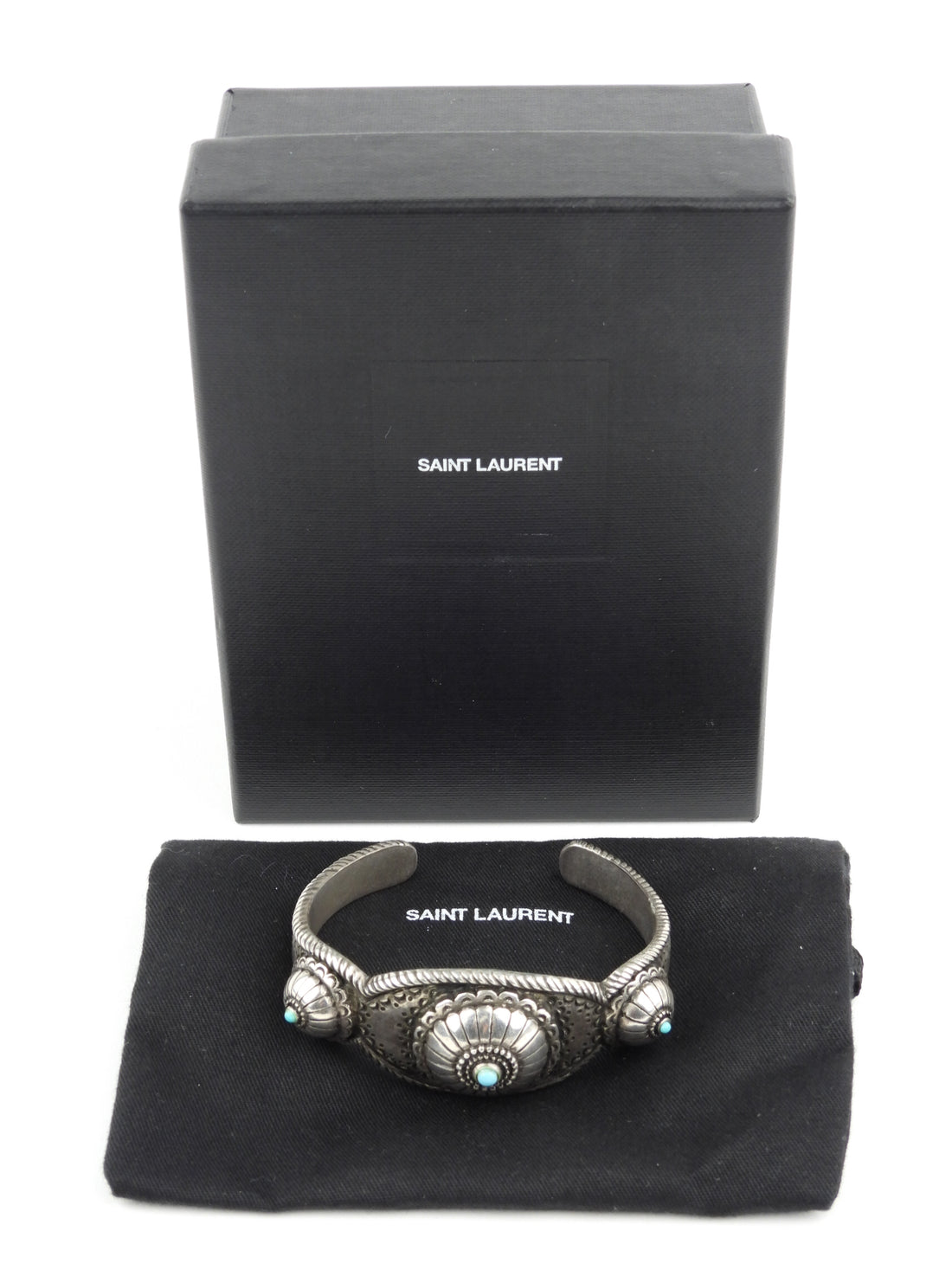Saint Laurent Western Turquoise Cabochon Silver Tone Brass Cuff Bracelet