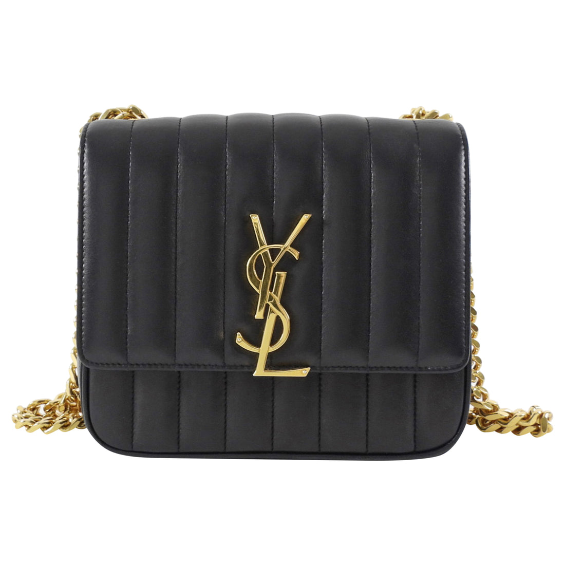 Saint Laurent Small Vicky Black Leather Matelasse Chain Bag