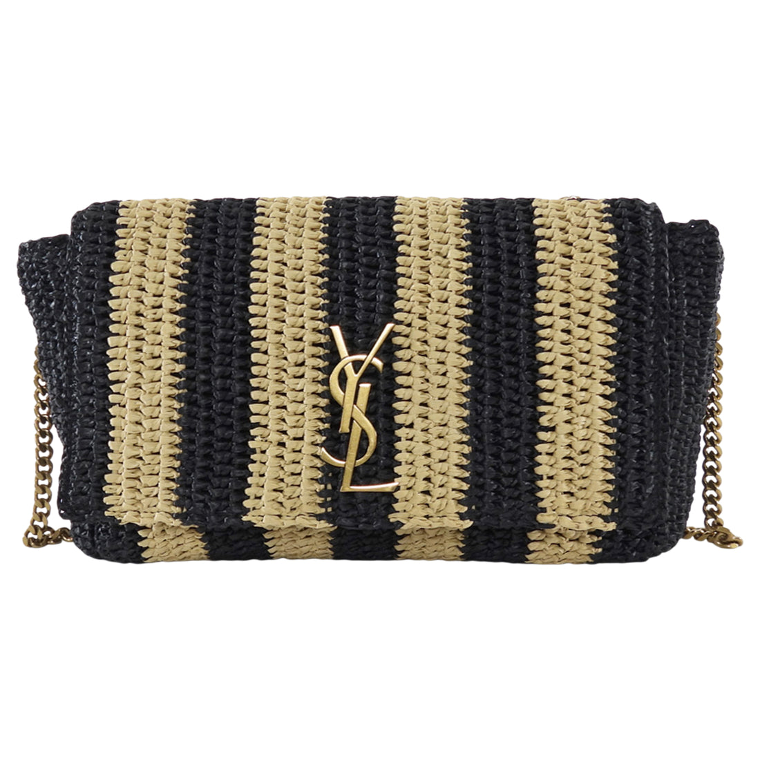 Saint Laurent Natural Beige and Black Stripe Raffia Monogram Reversible Chain Flap Bag
