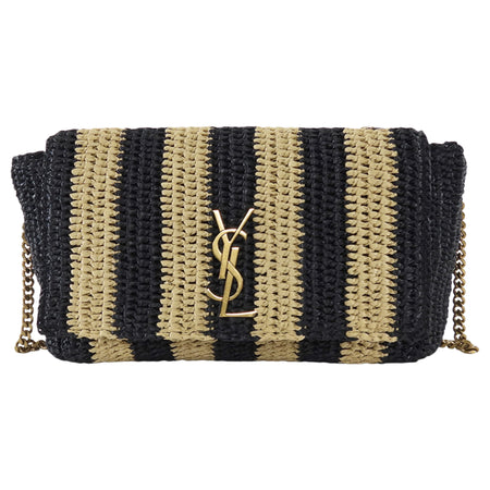 Saint Laurent Natural Beige and Black Stripe Raffia Monogram Reversible Chain Flap Bag