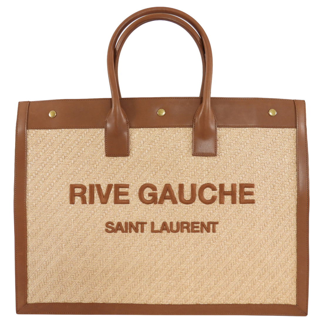 Saint Laurent Rive Gauche Tan Leather and Raffia Large Tote Bag