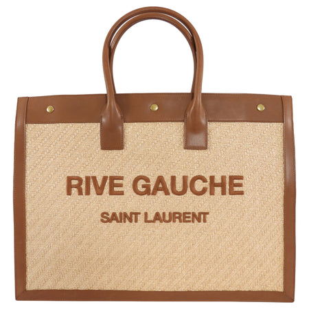 Saint Laurent Rive Gauche Tan Leather and Raffia Large Tote Bag