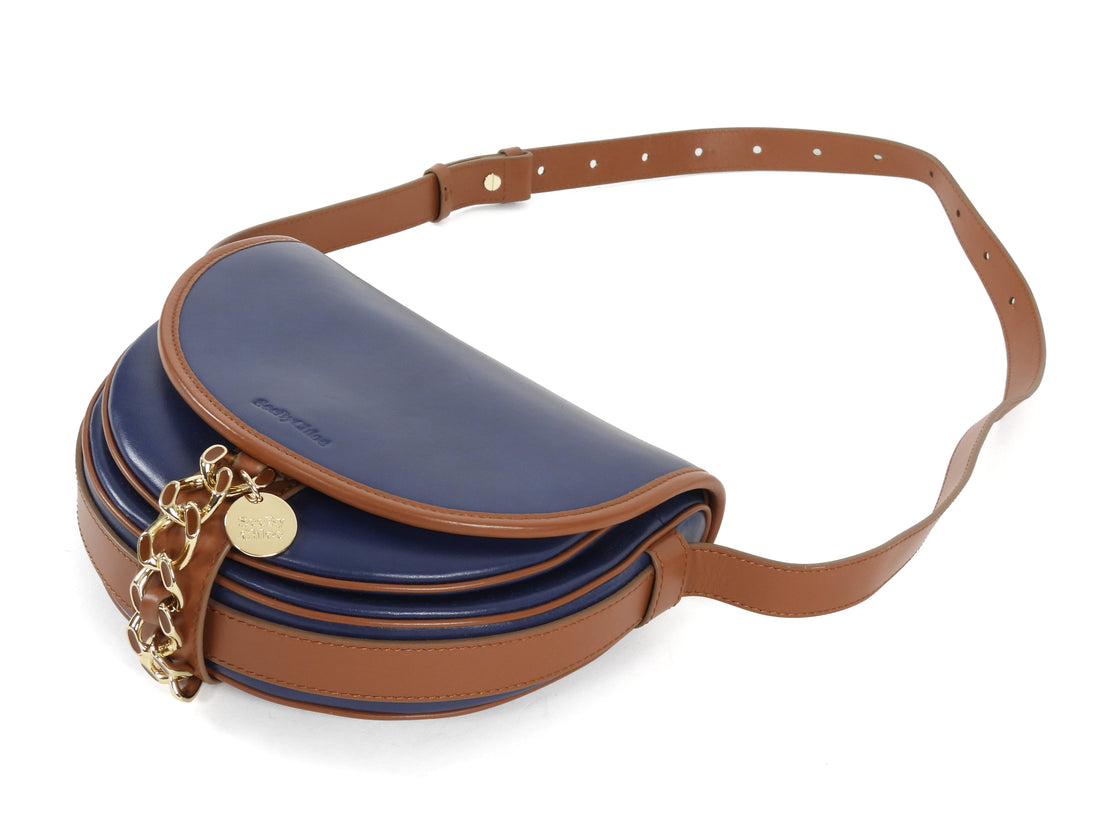 See by Chloe Navy and Tan Brown Leather Gold Chain Mara Saddle Crossbody Bag