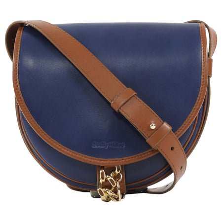 See by Chloe Navy and Tan Brown Leather Gold Chain Mara Saddle Crossbody Bag
