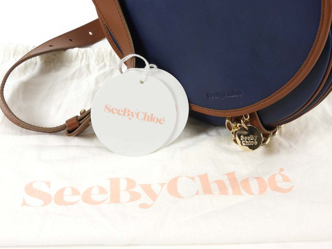 See by Chloe Navy and Tan Brown Leather Gold Chain Mara Saddle Crossbody Bag
