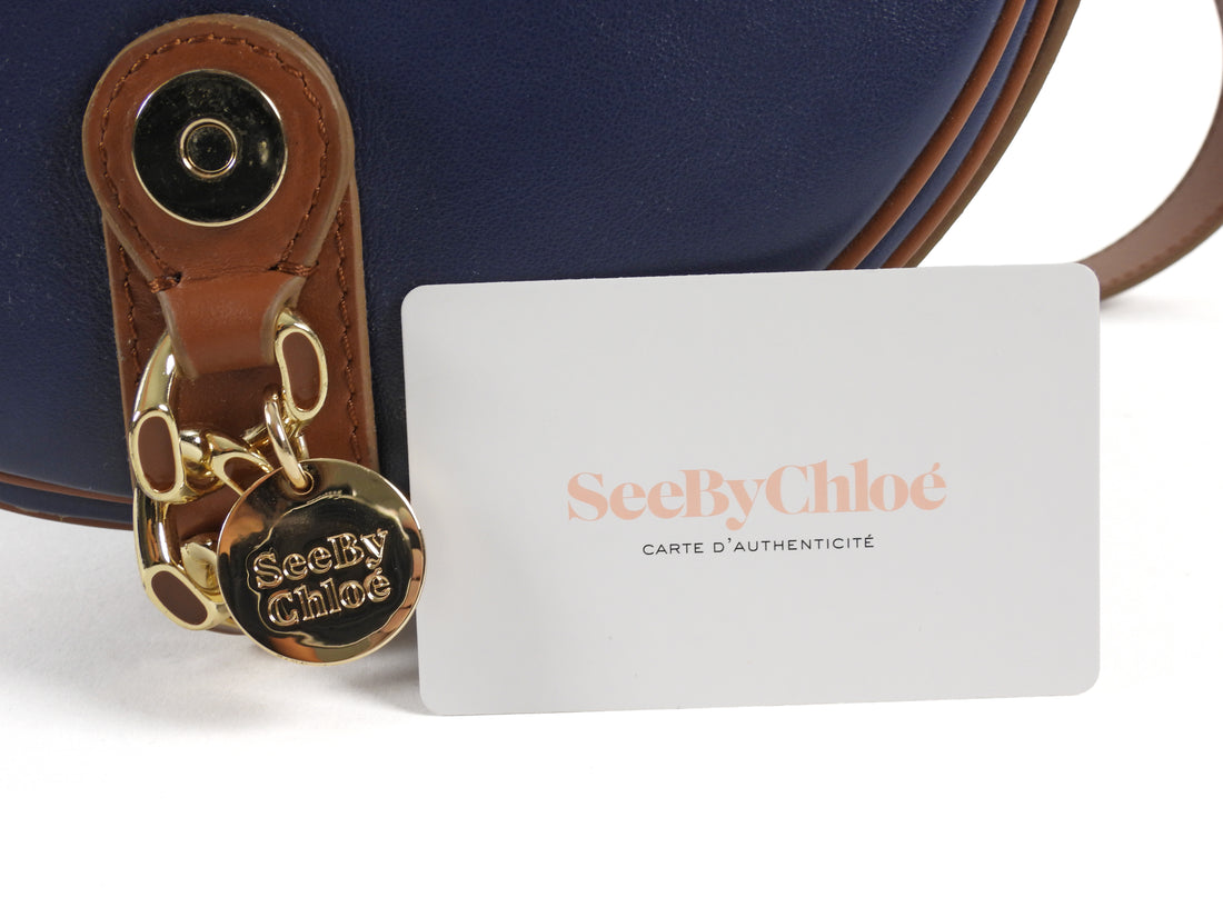 See by Chloe Navy and Tan Brown Leather Gold Chain Mara Saddle Crossbody Bag
