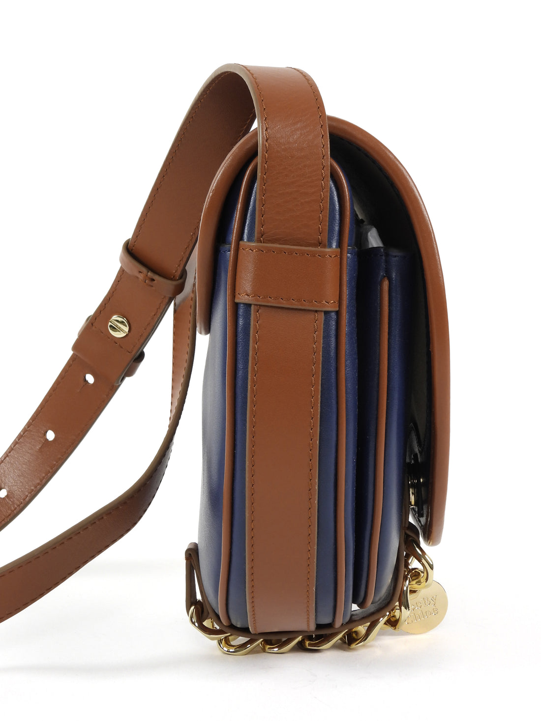 See by Chloe Navy and Tan Brown Leather Gold Chain Mara Saddle Crossbody Bag