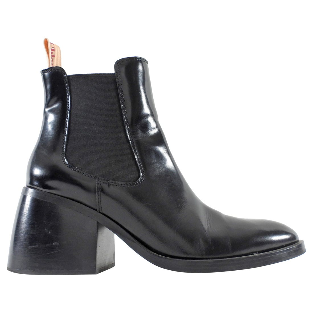 See by Chloe Black Glossed Leather Block Heel Chelsea Boots - 38